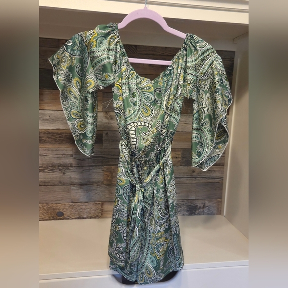HYFVE Green Paisley Off-Shoulder Romper With Tie And Elastic Waist - Picture 5 of 8